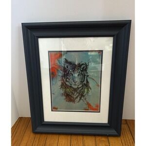 8x10 Acrylic Pour Painting Embellished W/ Tiger Framed And‎ Matted 15x18 Actual